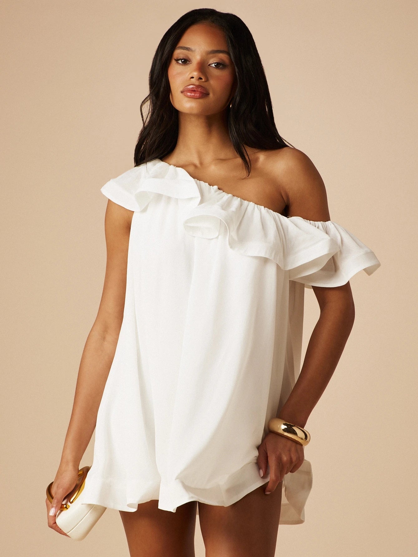 One Shoulder Chiffon Flowing Mini Dress