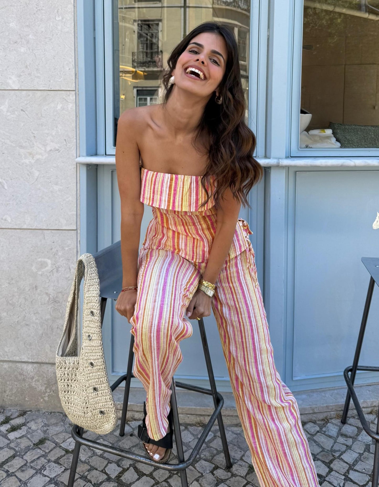Striped Bandeau Top And Trousers With Linen Set