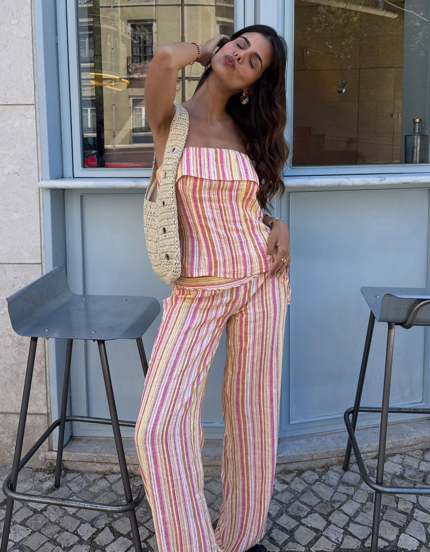 Striped Bandeau Top And Trousers With Linen Set