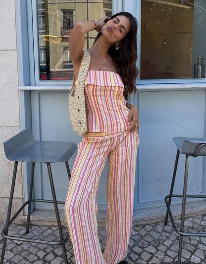 Striped Bandeau Top And Trousers With Linen Set
