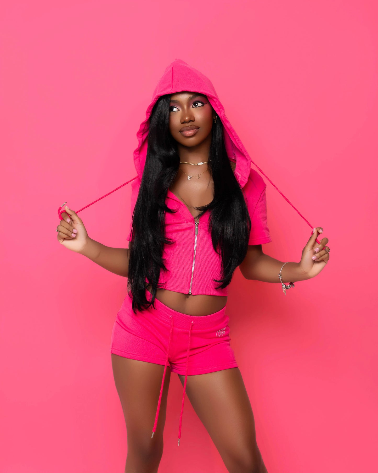 Hot Pink Signature Rhinestone Zip Hoodie And Short Set