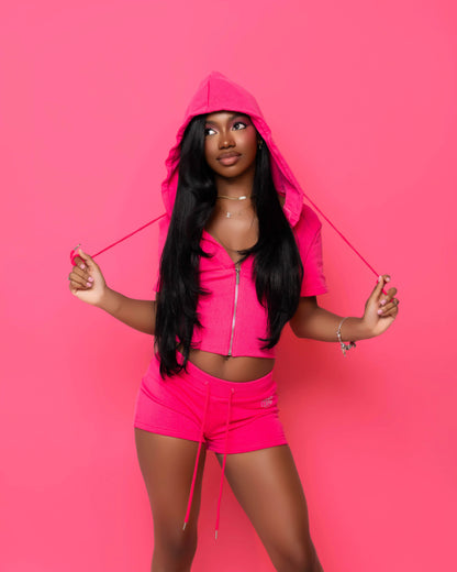 Hot Pink Signature Rhinestone Zip Hoodie And Short Set