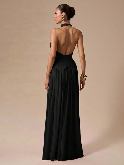Backless Halter Neck Ruched High Slit Maxi Dress