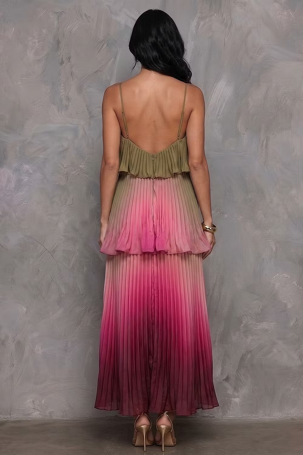 Spaghetti Strap Pleated Ruffle Trim Maxi Dress