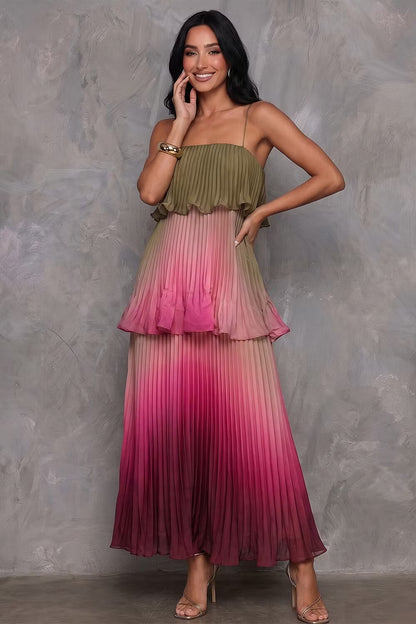 Spaghetti Strap Pleated Ruffle Trim Maxi Dress