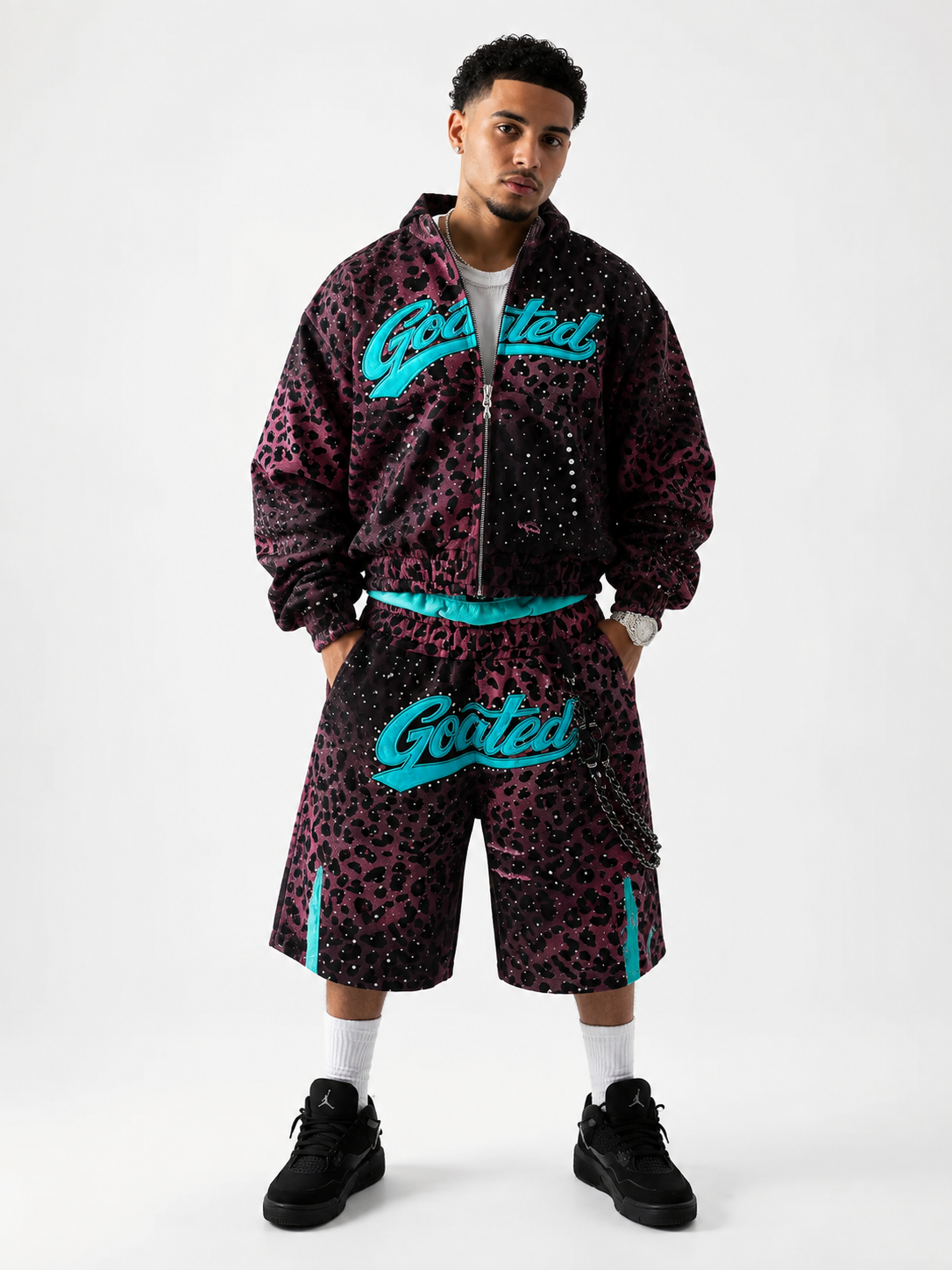 Goated Leopard Zip-Up Hoodie And Shorts