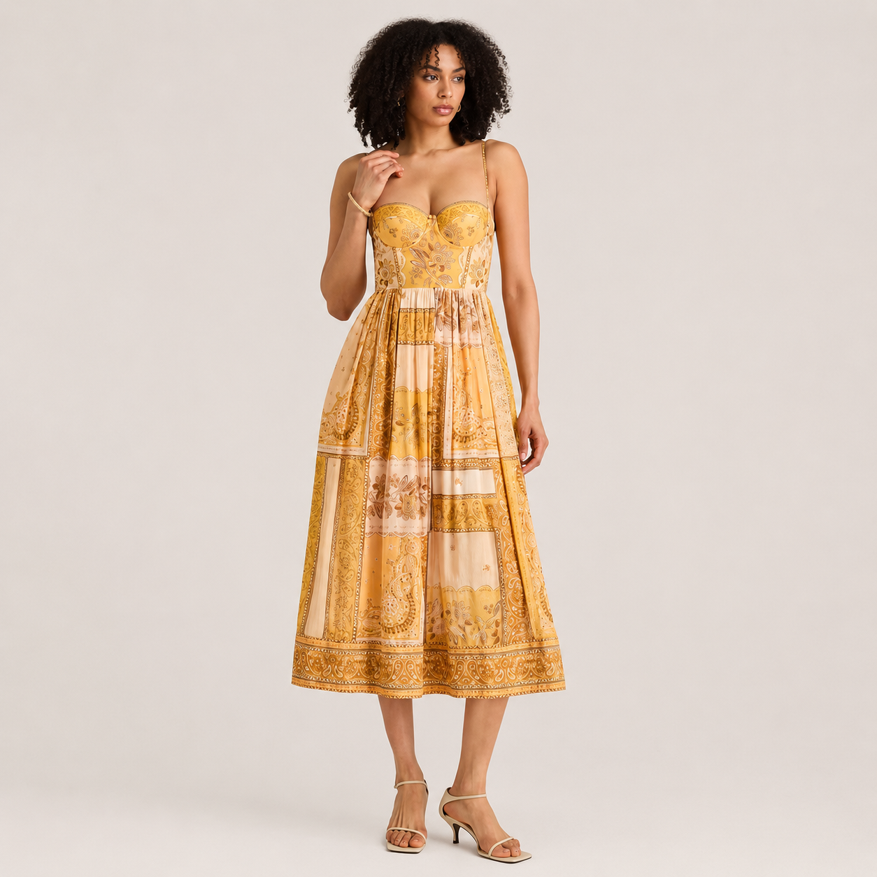 Golden Paisley Bustier Midi Dress