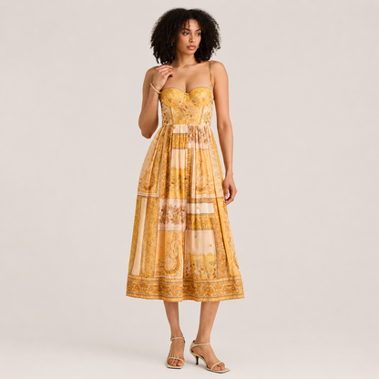 Golden Paisley Bustier Midi Dress