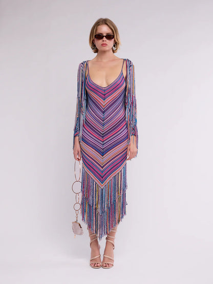 Chevron Knit Fringe Dress and Cardi