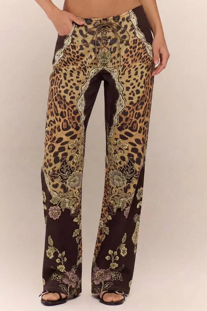 Low Rise Leopard Mix Lace-Up Pants