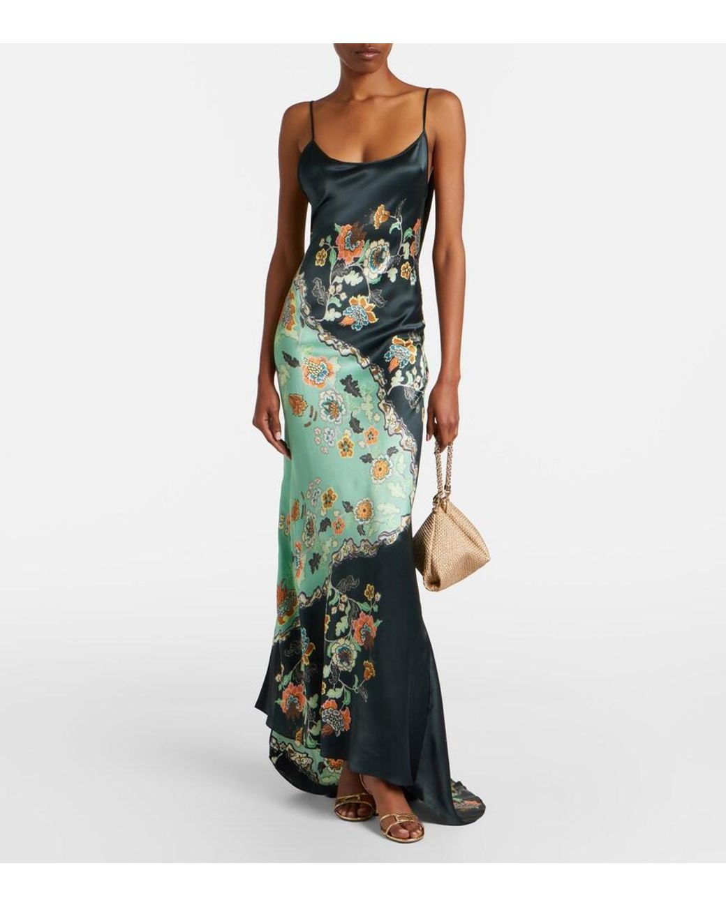 Women's Green Floral Silk Satin Slip Dress