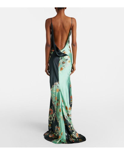 Women's Green Floral Silk Satin Slip Dress